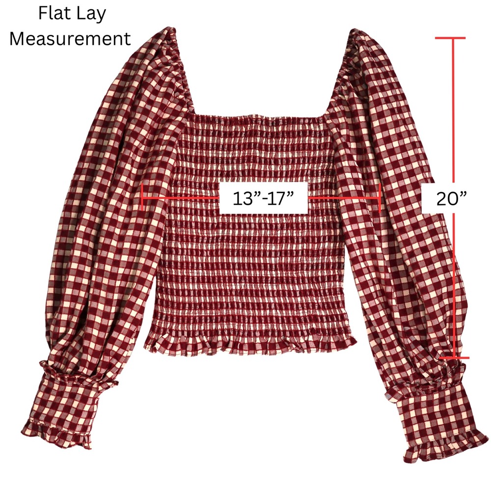 Gingham Smocked Cottagecore Top Womens M Red Textured Puff Sleeve &Merci NWT - Picture 11 of 11